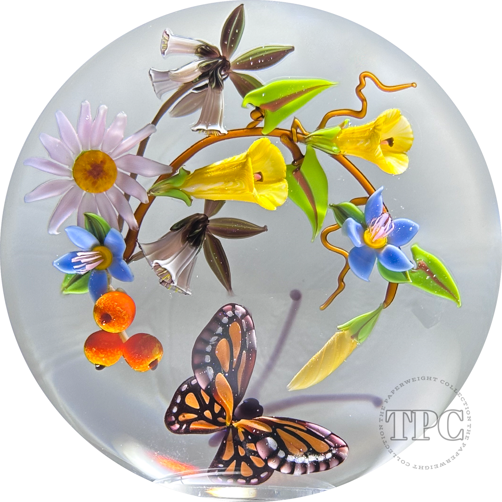 Mayauel Ward 1996 Glass Art Paperweight Flamework Floral Botanical with Monarch Butterfly