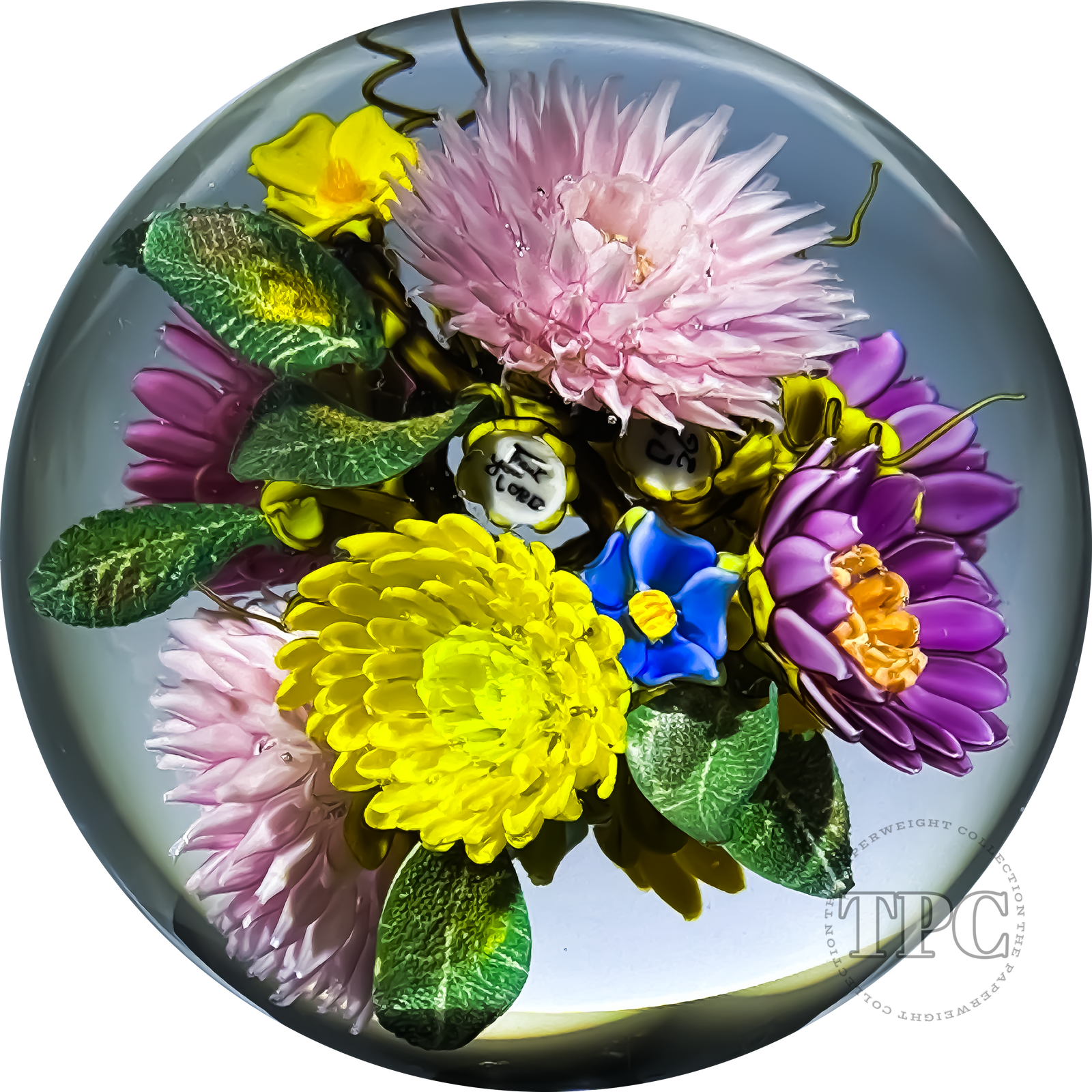 David Graeber 2024 Glass Art Paperweight Orb All Over 360° Flamework Purple & Yellow Strawflowers