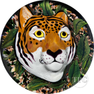 Loren Stump 2000 Glass Art Paperweight Flamework Tiger Bust on Green Leaves and Aventurine