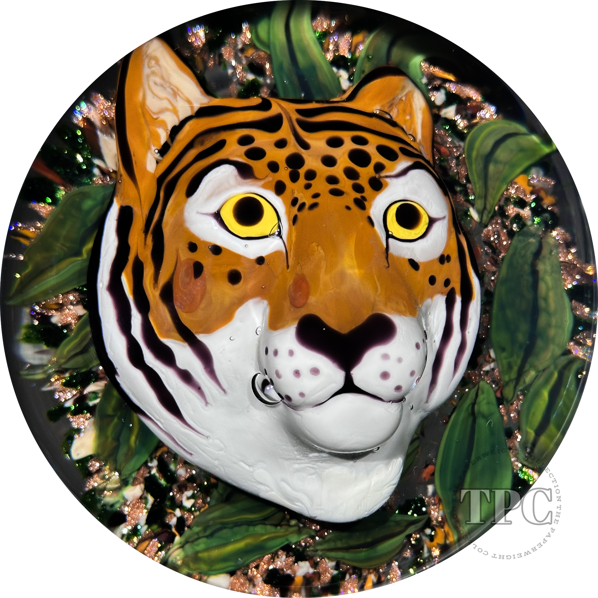 Loren Stump 2000 Glass Art Paperweight Flamework Tiger Bust on Green Leaves and Aventurine