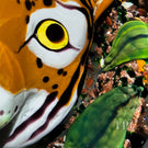 Loren Stump 2000 Glass Art Paperweight Flamework Tiger Bust on Green Leaves and Aventurine