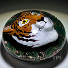 Loren Stump 2000 Glass Art Paperweight Flamework Tiger Bust on Green Leaves and Aventurine