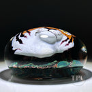 Loren Stump 2000 Glass Art Paperweight Flamework Tiger Bust on Green Leaves and Aventurine