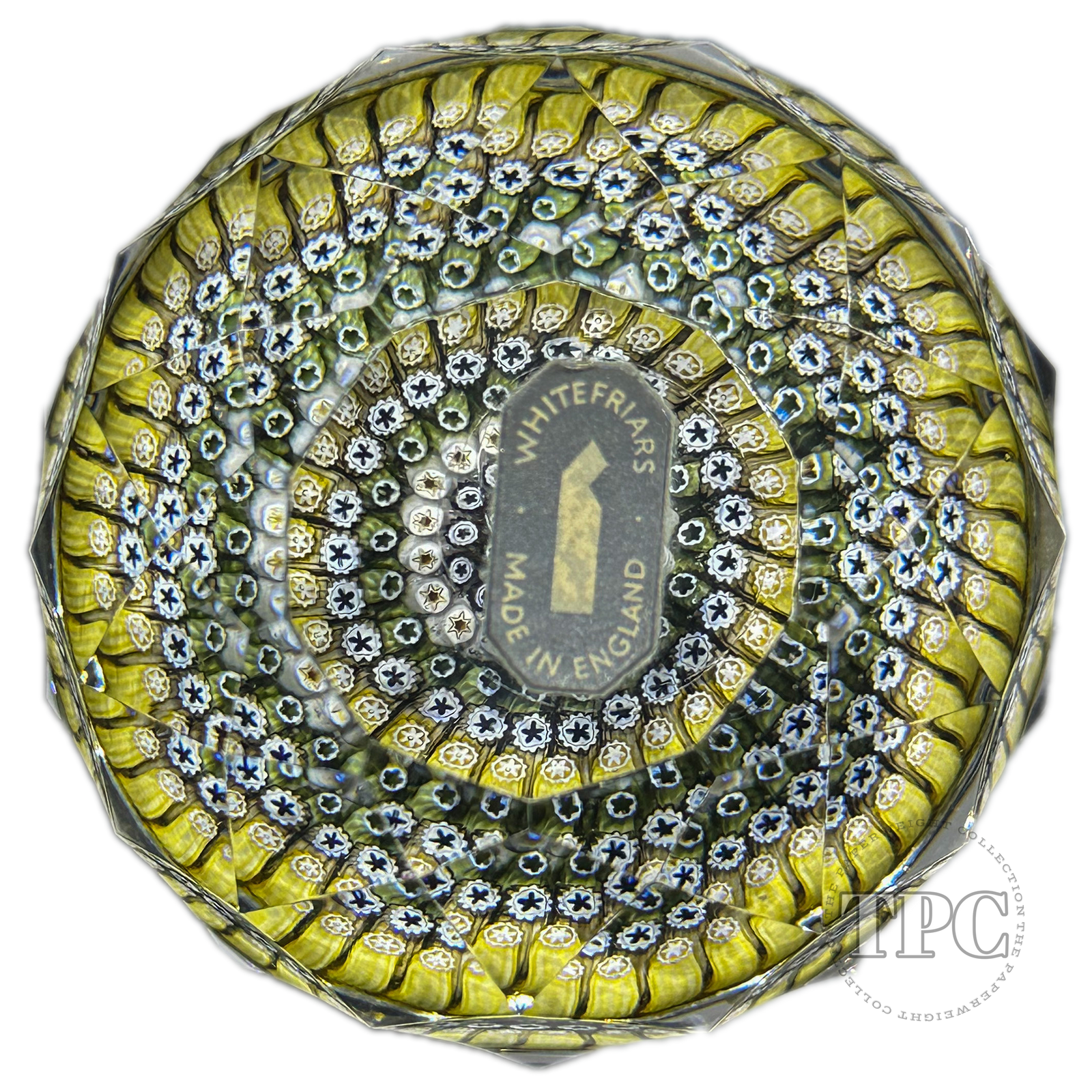 Whitefriars Fancy Faceted Glass Art Paperweight with Colorful Concentric Millefiori
