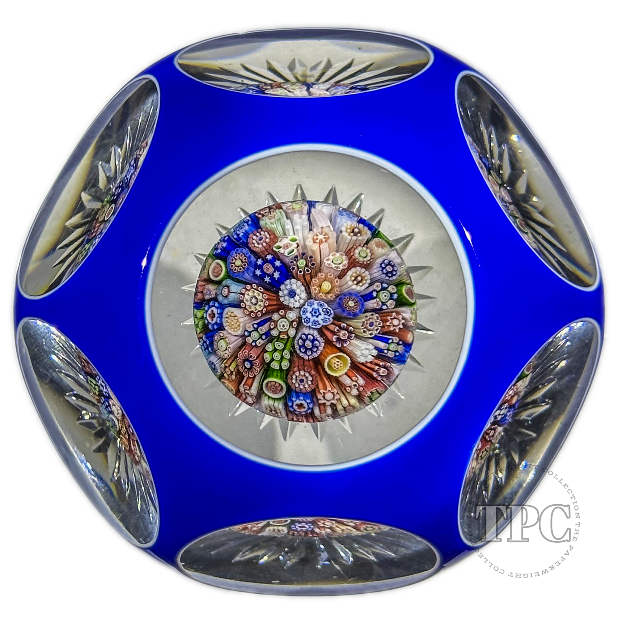 Very Rare Antique Baccarat Glass Paperweight Faceted Blue Double overlay with Complex Millefiori Clospack Mushroom