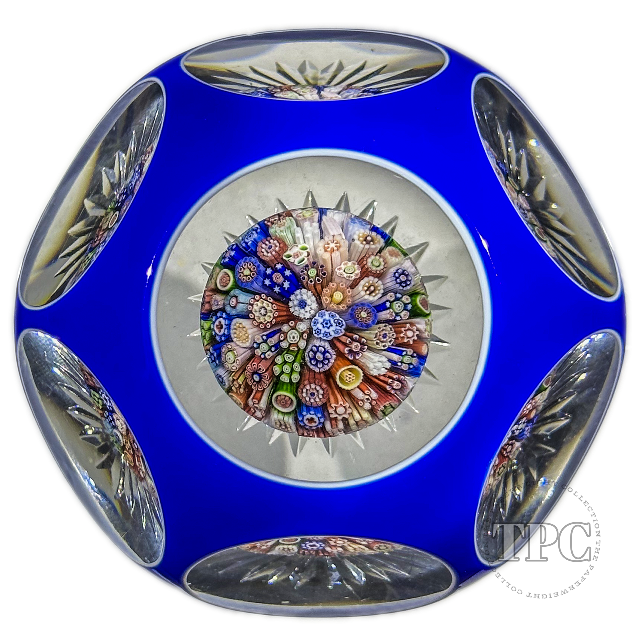 Very Rare Antique Baccarat Glass Paperweight Faceted Blue Double overl
