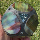 Gary Allison 2026 Glass Art Large Holoscope Green Mottled Green & Purple Stained Glass & Interior Mirrored Complex Polyhedron