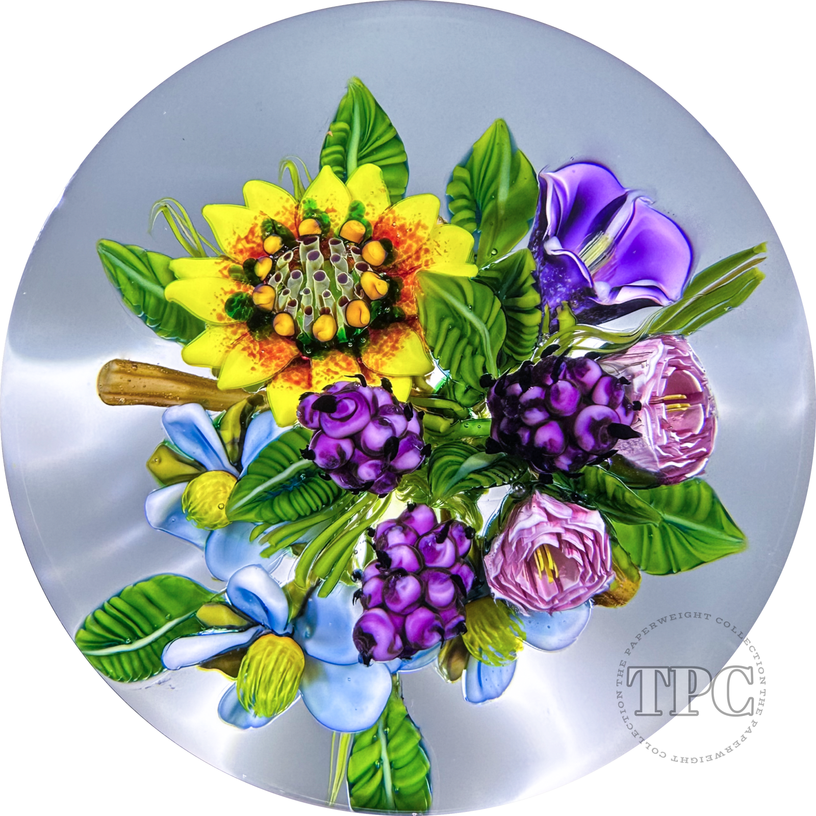 Ken Rosenfeld 2024 Glass Art Paperweight Large Flamework Flower Bouquet on Opaque White Ground