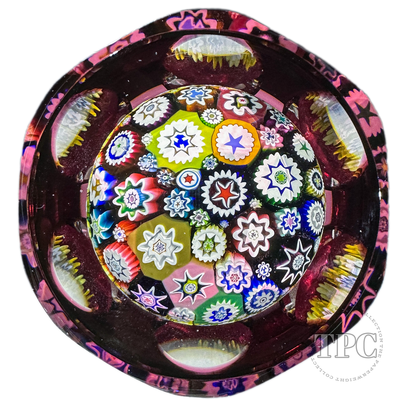 Peter McDougall 2011 Glass Art Paperweight Complex Closepack Millefiori with Faceted Ruby Flash Overlay