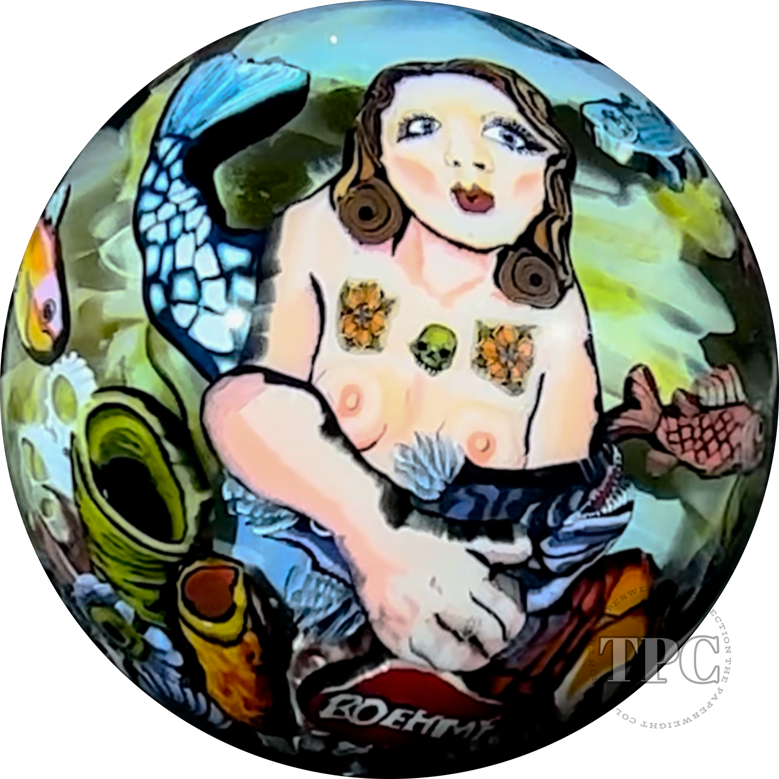 Stephen Boehme 2024 Glass Art Marble Figural Murrine Mermaid with Fish Ocean Scene