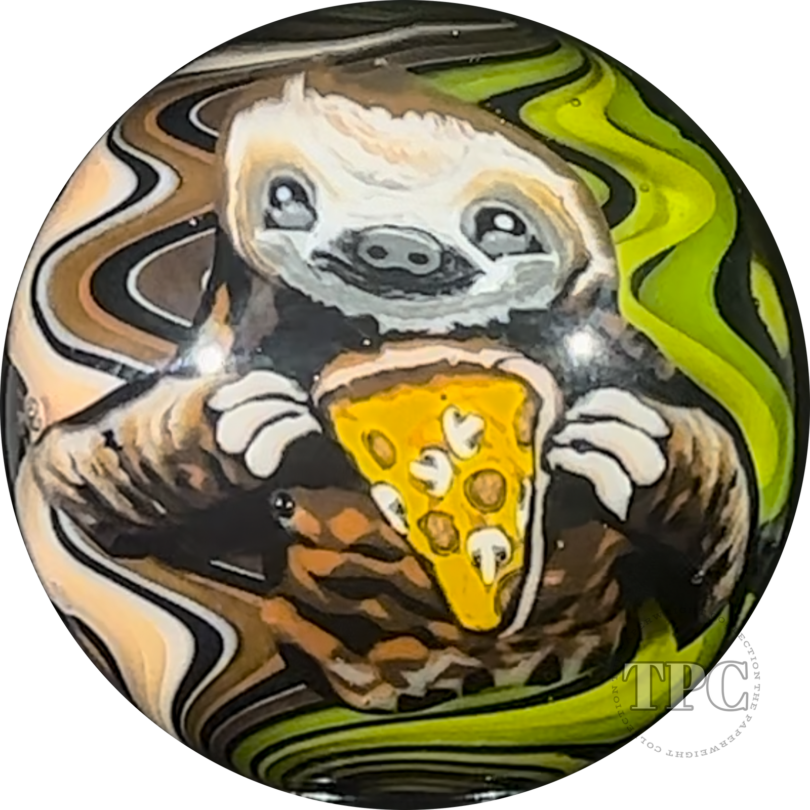 Stephen Boehme 2024 Glass Art Marble Figural Murrine Pizza Sloth with Colorful Wig-wag