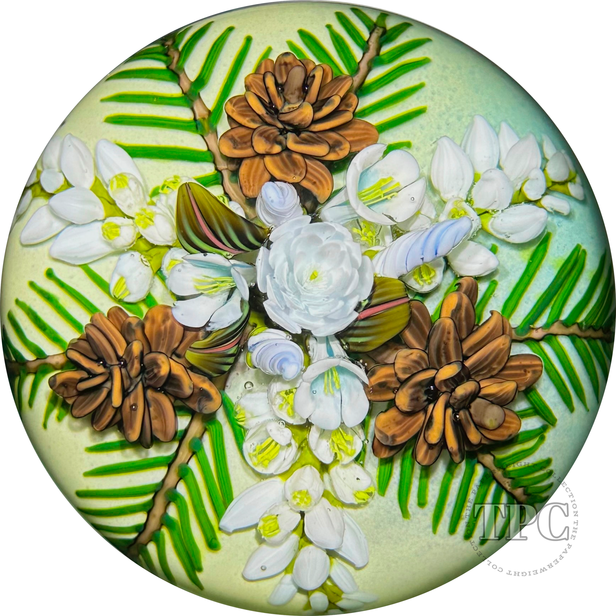Cathy Richardson 2023 Glass Art Paperweight Flamework Winter White Flower Bouquet with Pine Cones 1 of 1