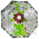 Antique Baccarat Faceted Glass Art Paperweight Lampwork Purple Clematis on White Upset Muslin Ground with Millefiori Garland