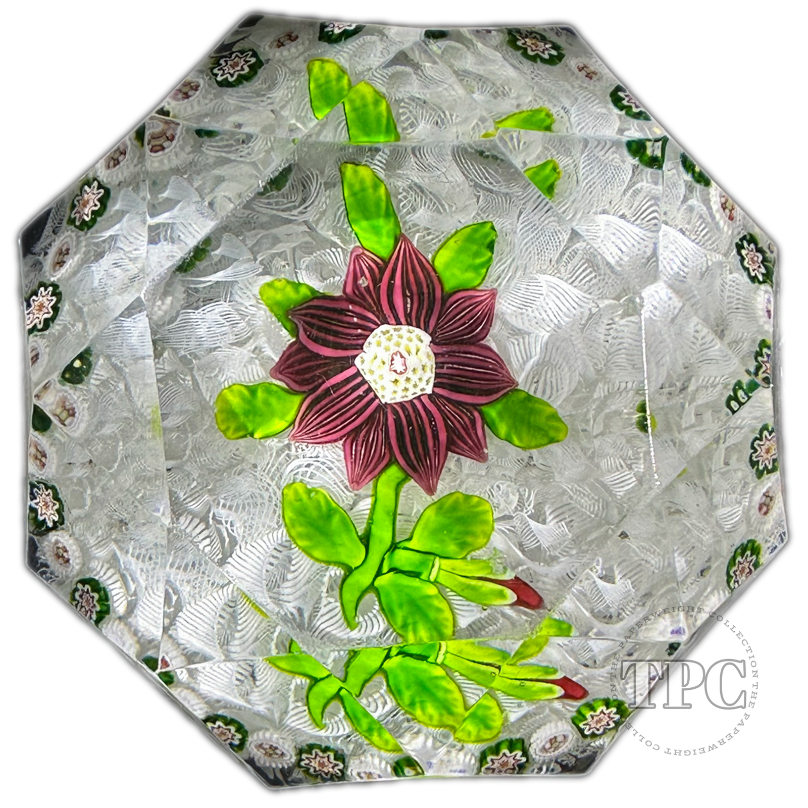 Antique Baccarat Faceted Glass Art Paperweight Lampwork Purple Clematis on White Upset Muslin Ground with Millefiori Garland