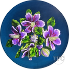 Ken Rosenfeld 2017 Glass Art Paperweight Large Flamework Purple Geraniums on Transparent Blue