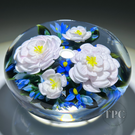 Rick Ayotte 1999 LE Glass Art Paperweight Flamework Pink Roses with Blue Forget-me-nots