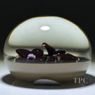 William Manson 2022 Art Glass Paperweight Flamework Plum Colored Flower Bouquet on Pale Opaque Cream Colored Ground