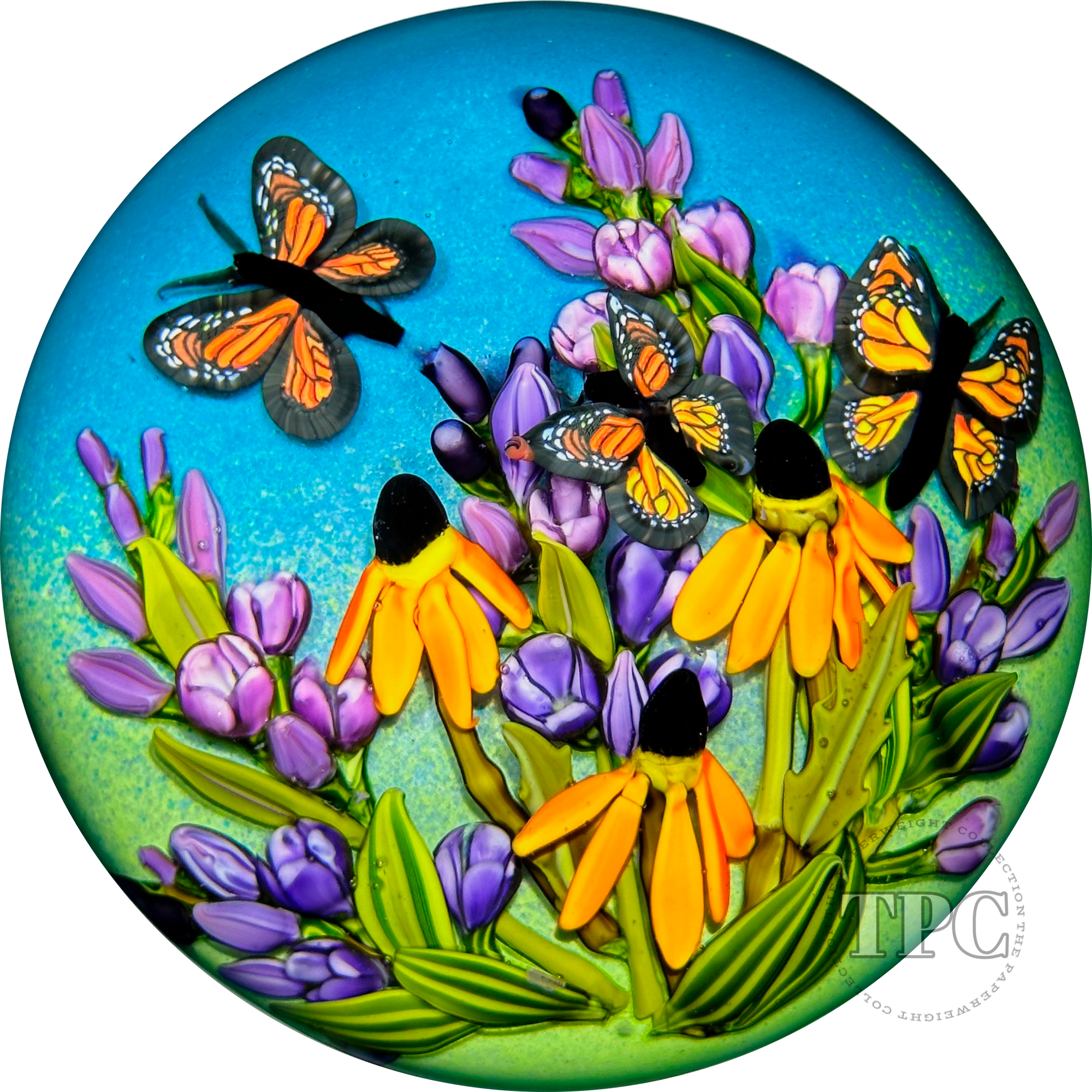 Cathy Richardson 2023 Glass Art Paperweight Flamework Monarchs & Cornflowers 1 of 1