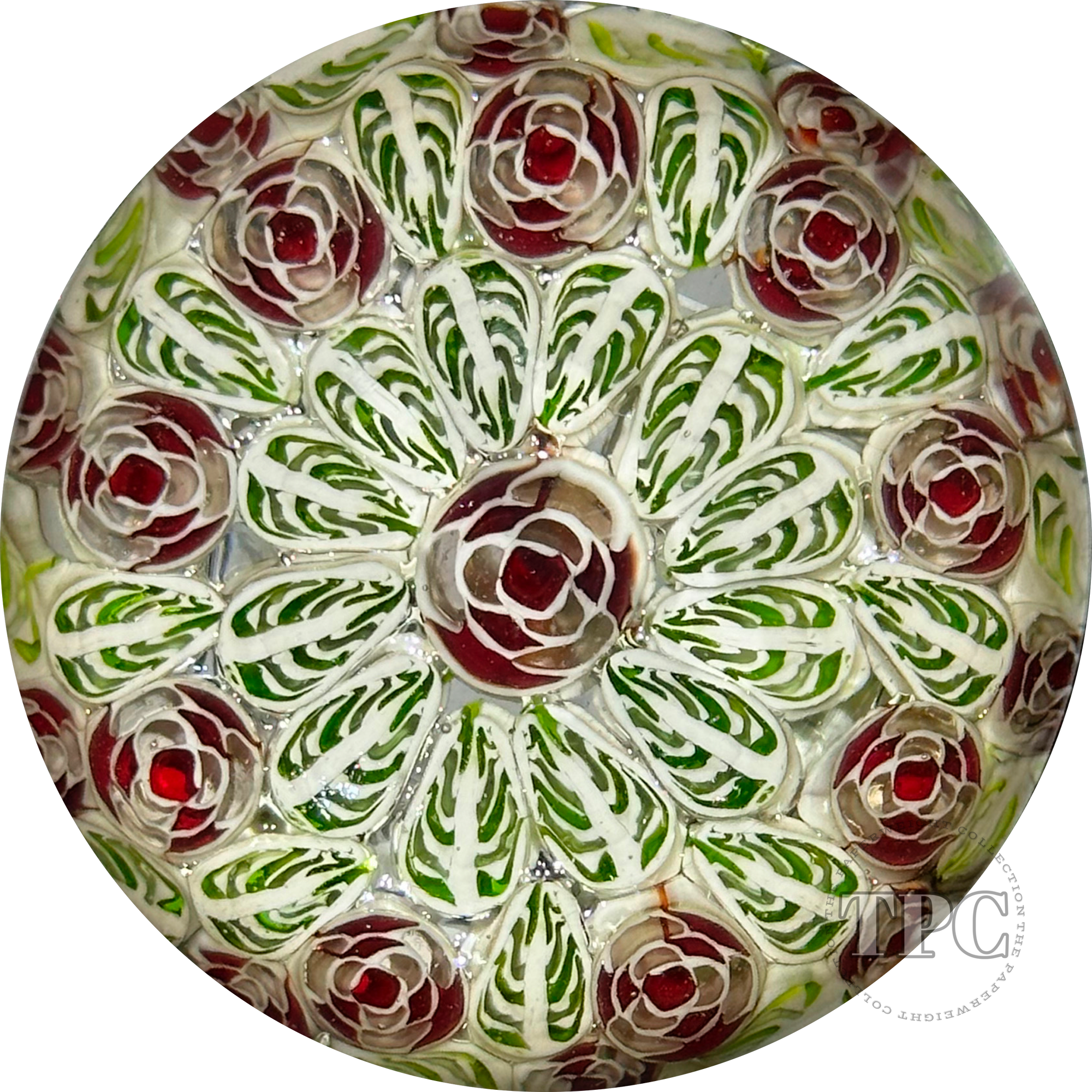 Christina Callahan 2023 Glass Art Paperweight Patterned Stained Glass Style Lace Leaf Murrine and Roses