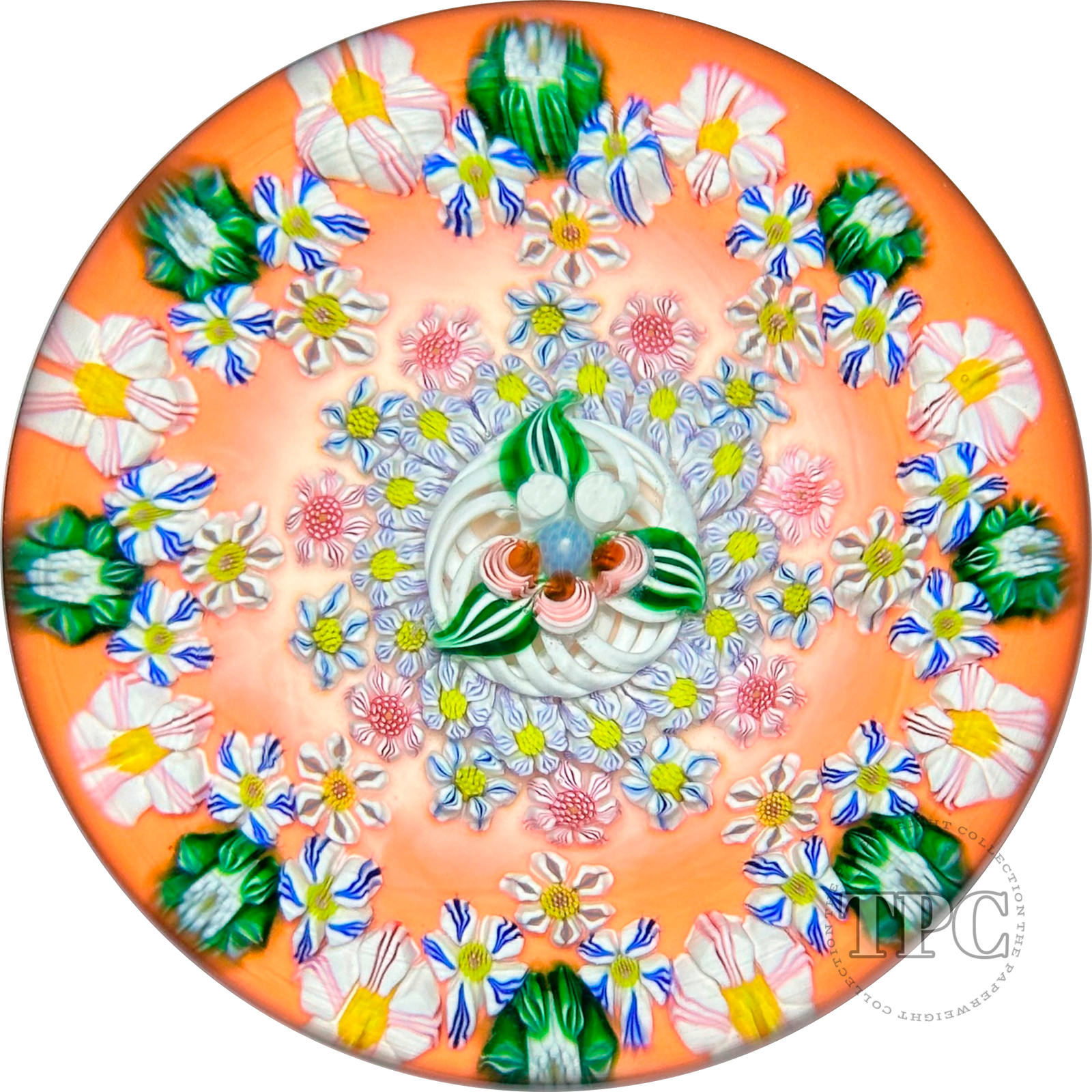 Collaborative Sue Fox & Drew Ebelhare 2016 Glass Art Paperweight Patterned Complex Millefiori on Peach Colored Ground