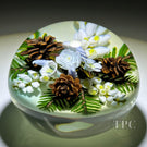 Cathy Richardson 2023 Glass Art Paperweight Flamework Winter White Flower Bouquet with Pine Cones 1 of 1