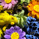 Clinton Smith 2024 Glass Art Paperweight Flamework Poison Dart Frogs with Flowers & Bee