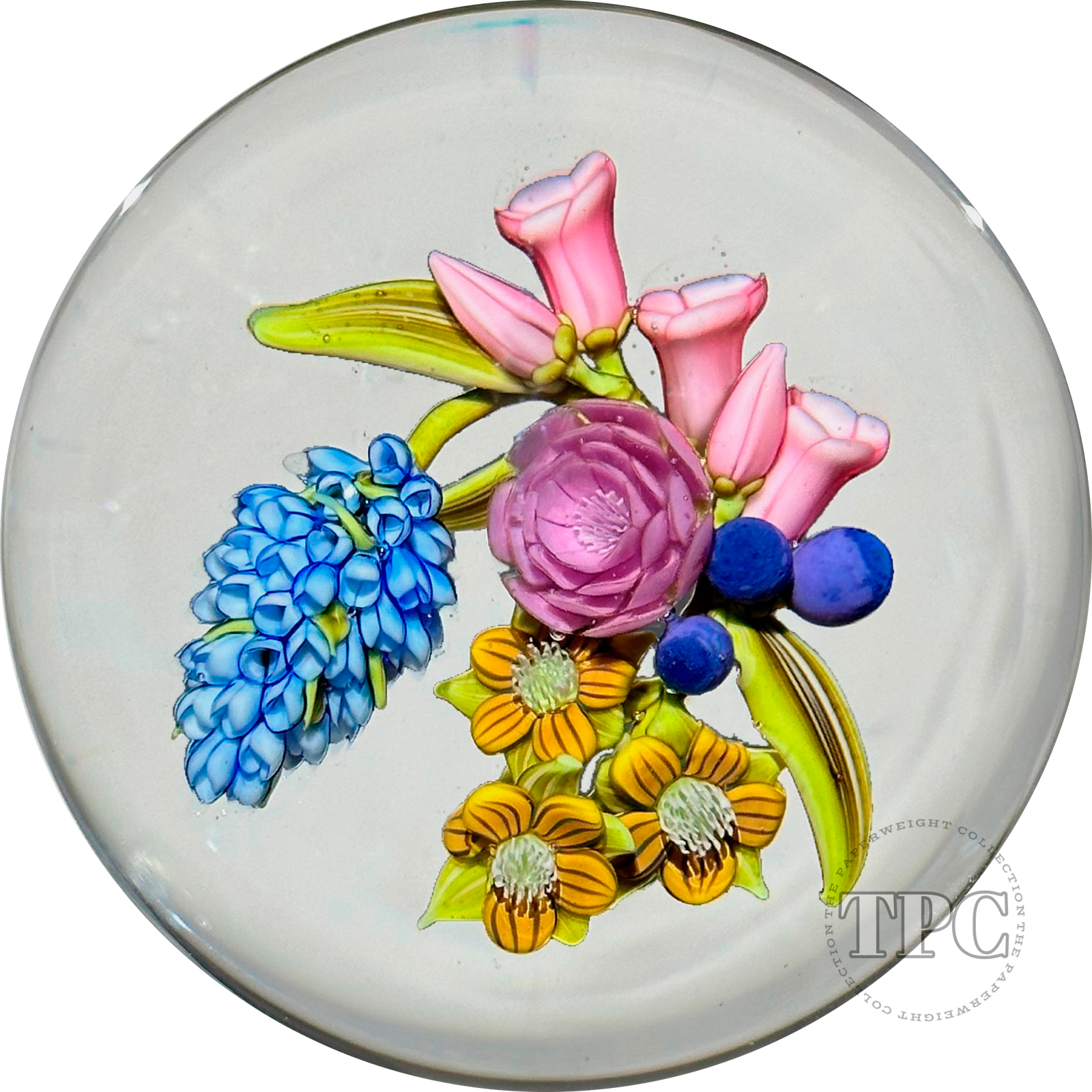 Clinton Smith 2023 Glass Art Paperweight Flamework Flower Bouquet with Blueberries