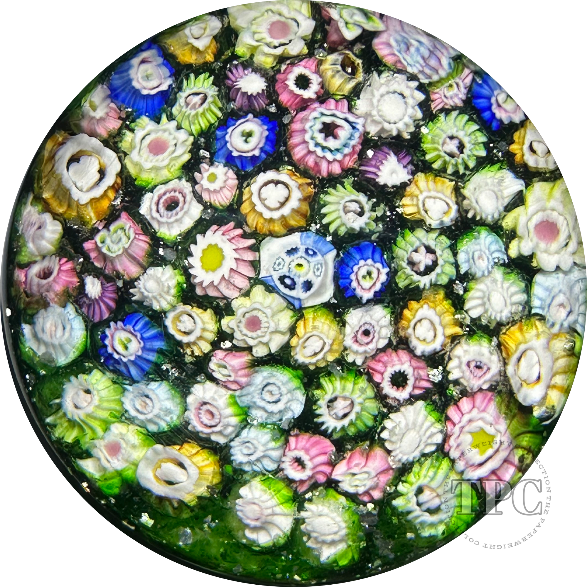 Antique Riedel Glass Art Paperweight Colorful Closepack Millefiori on Mica Infused Green Ground