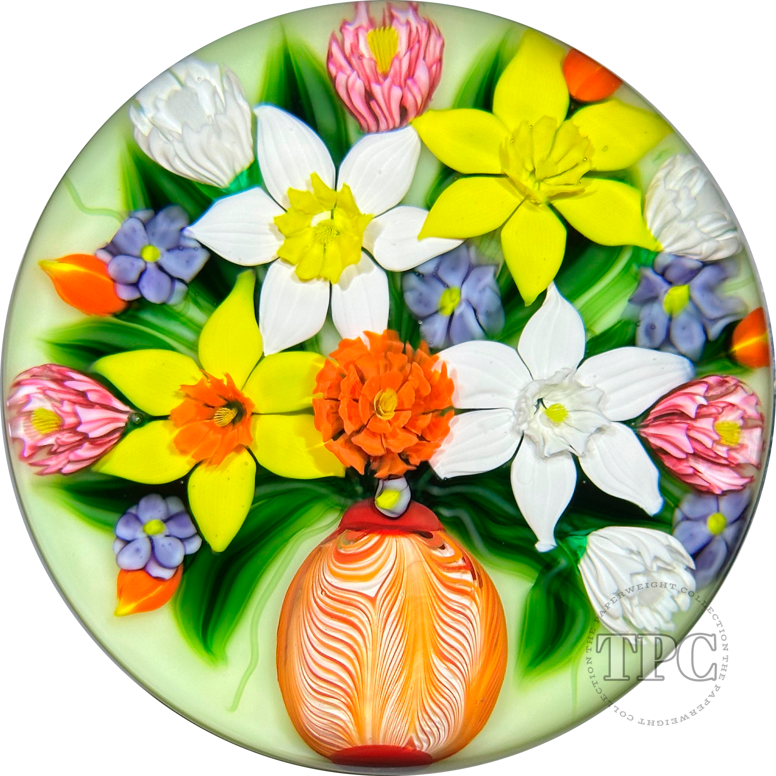 Richard Loesel 2022 Glass Art Paperweight Flamework Flower Bouquet in an Orange Vase