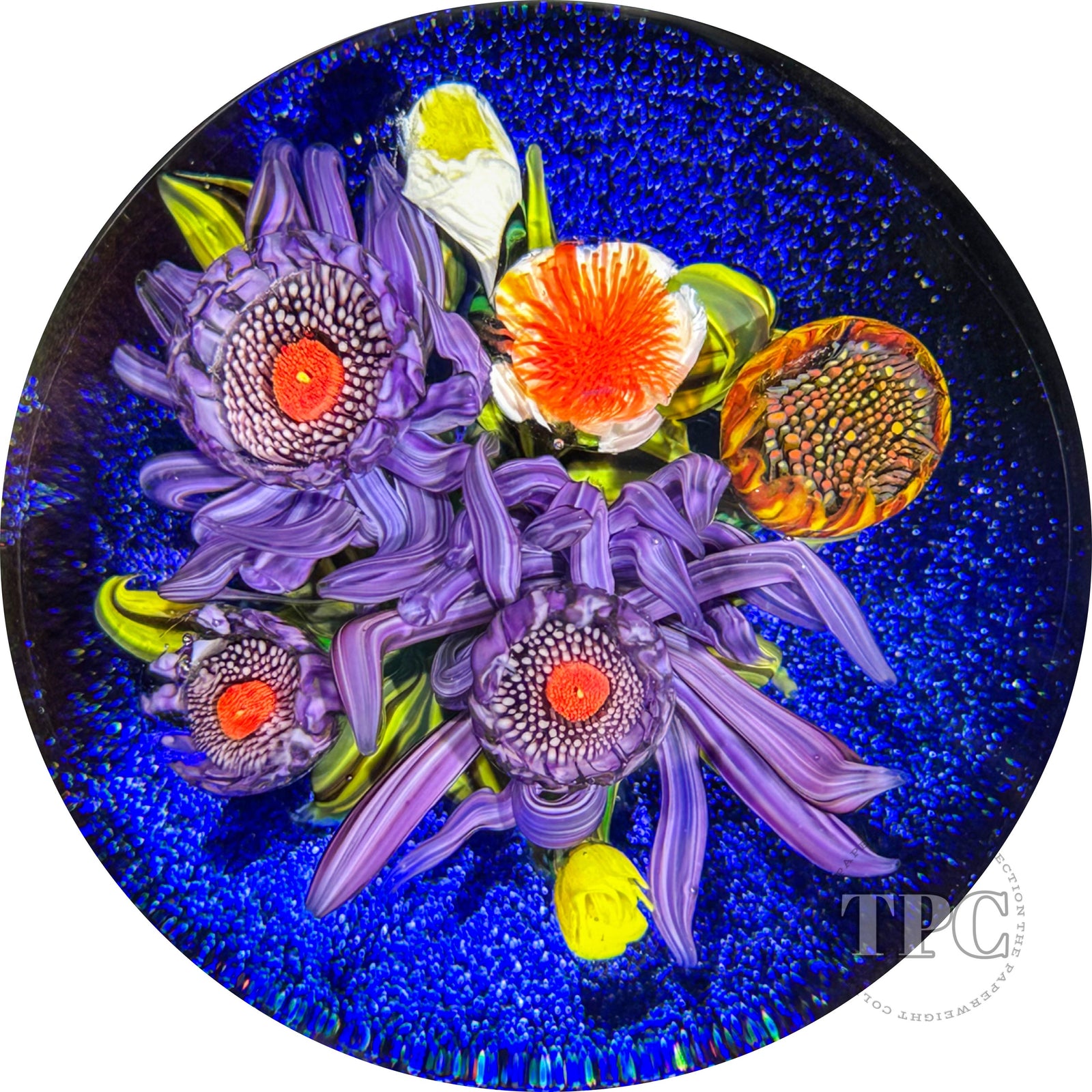 Melissa Ayotte 2024 Glass Art Paperweight Flamework Flower Bouquet on Dichroic Blue