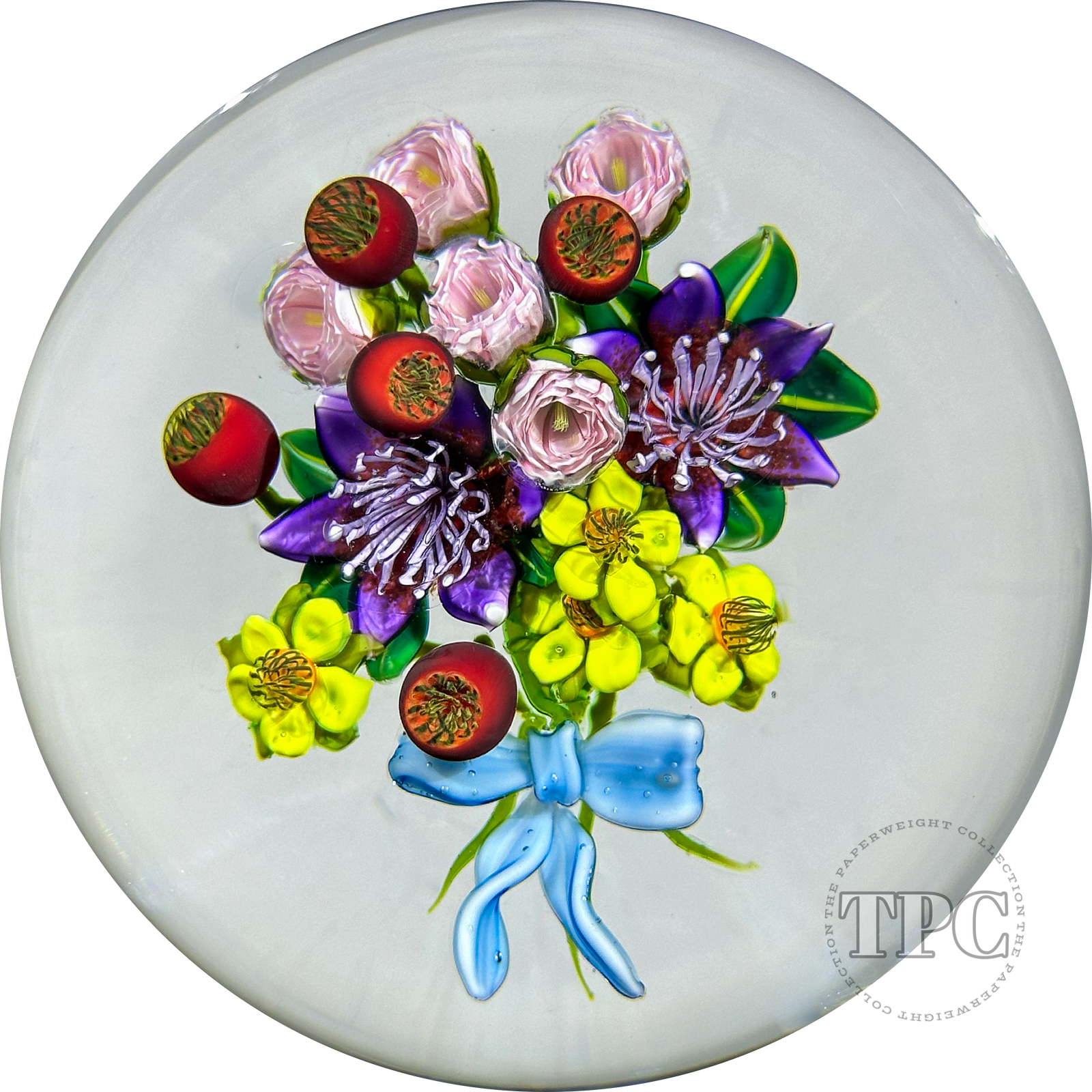 Ken Rosenfeld 2023 Glass Art Paperweight Large Flamework Flower Bouquet Tied with Blue Ribbon