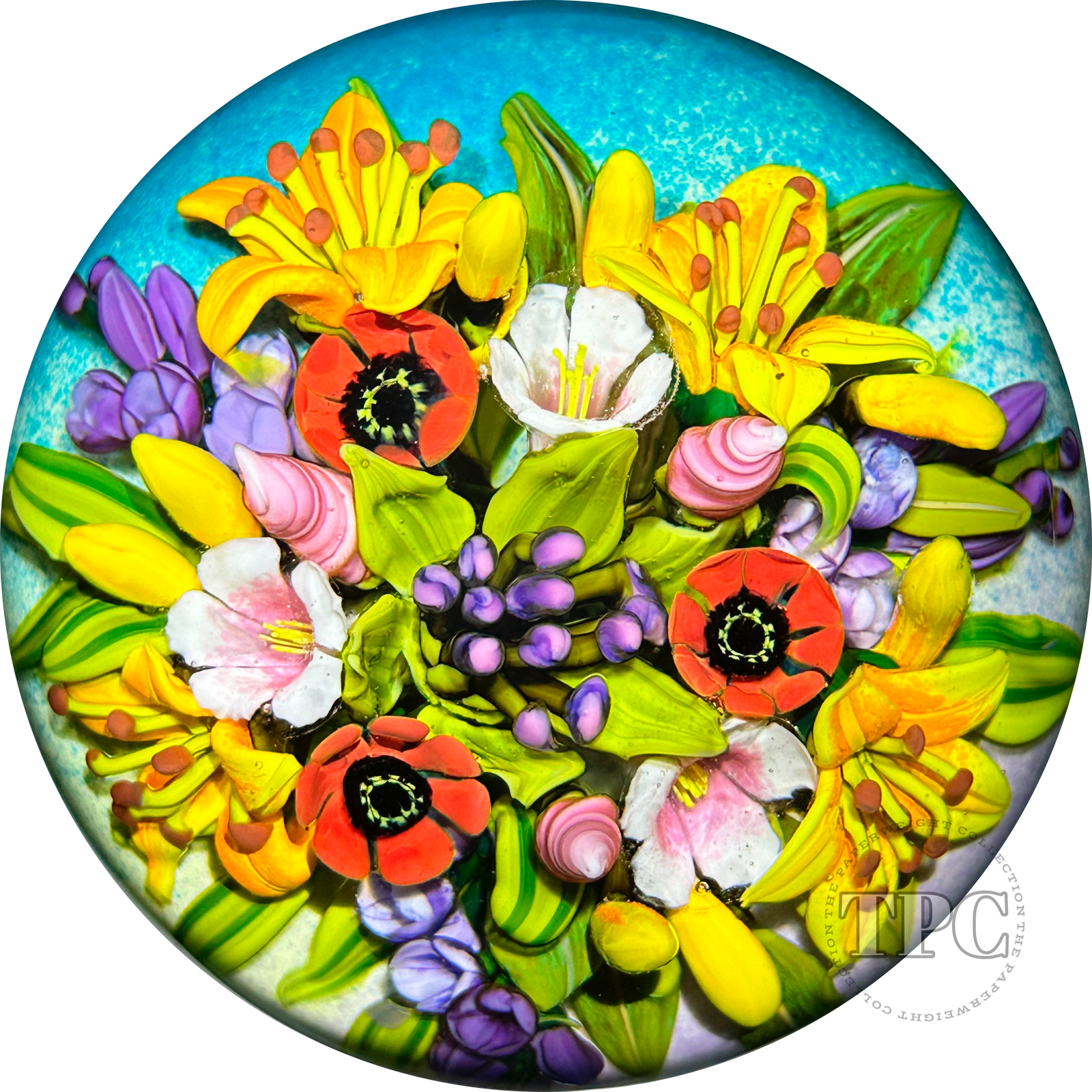 Cathy Richardson 2023 Glass Art Paperweight Flamework Lily & Red Poppy Bouquet 1 of 1