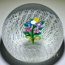 Signed Paul Ysart Glass Art Paperweight Colorful Flamework Flower Bouquet in Filigree Basket