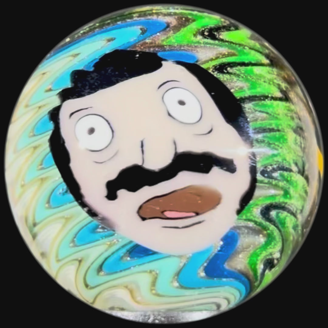 Stephen Boehme 2025 Glass Art Marble w/ Figural Murrine "Bob w/ Burger"