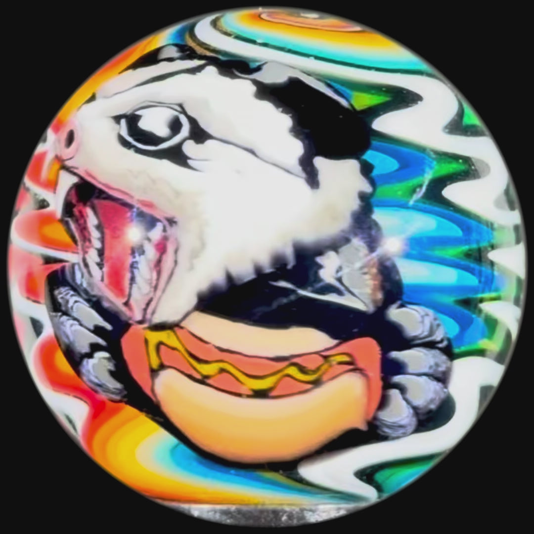 Stephen Boehme 2025 Glass Art Marble w/ Figural Murrine "Possum with Hotdog"