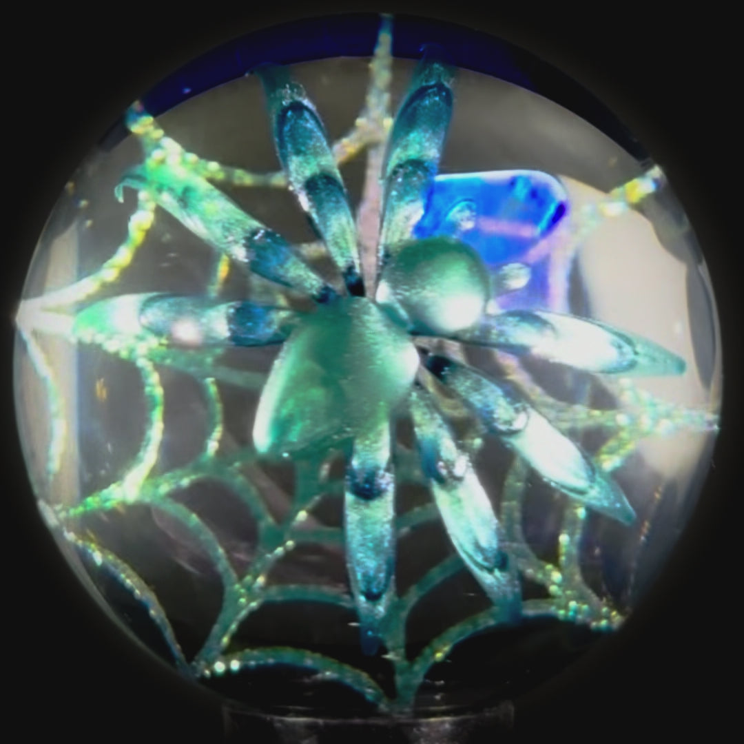 Florin Voicu 2025 Glass Art Marble Flamework Blue Electrum Spider Web with Opal Egg Sack