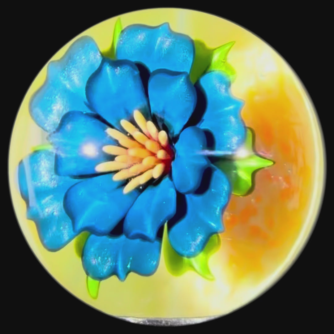 Florin Voicu 2025 Glass Art Marble Flamework Blue Dahlia Flower over Pale Yellow Ground
