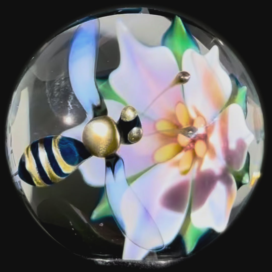 Florin Voicu 2025 Glass Art Marble Flamework Gold Electrum Bee over Pink Flower