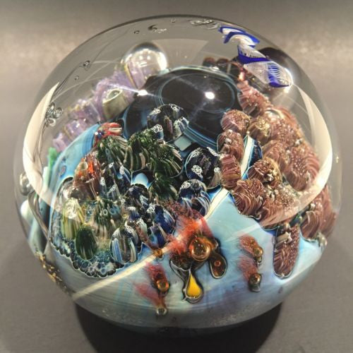 Huge 3-3/4" Josh Simpson Art Glass Paperweight Inhabited Planet Sculpture