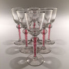 Set Of 6 Antique Art Glass Cordial Wine Glasses W/ Red & White Air Twist Stem