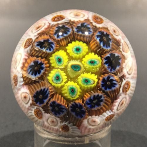 Miniature Strathearn Art Glass Paperweight Concentric Millefiori Yellow Ground