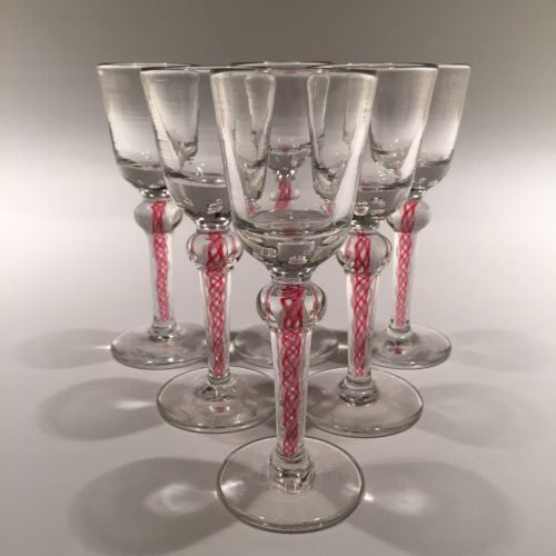 Set Of 6 Antique Art Glass Cordial Wine Glasses W/ Red & White Air Twist Stem
