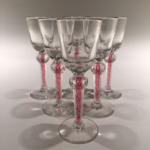 EASTERN ART GLASS HAND MADE MARTINI GLASSES, RED & WHITE SWIRL