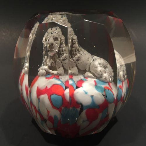 Antique Bohemian Art Glass Paperweight Melon Faceted Lion Sulphide