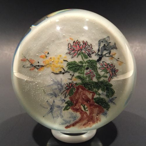 Early Chinese White Ground Art Glass Paperweight Hand Painted Floral Scene