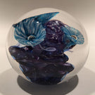 Signed Jon Sawyer Art Glass Paperweight Mottled Blue Trumpet Flowers on Purple