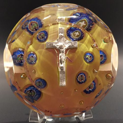 Antique Val St Lambert Art Glass Paperweight Cross Sulphide & Millefiori