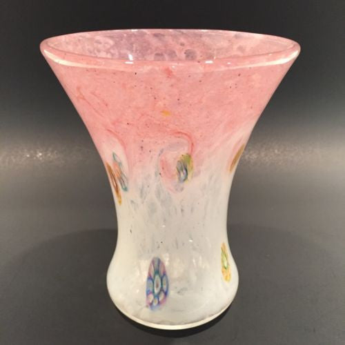 Large Perthshire Art Glass Paperweight Style Millefiori Pink & White Flower Vase