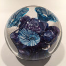 Signed Jon Sawyer Art Glass Paperweight Mottled Blue Trumpet Flowers on Purple