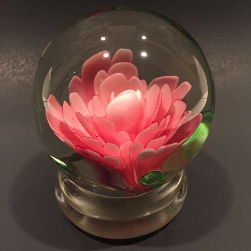 Early Chinese Art Glass Paperweight Footed Pink Crimp Rose Style Peony